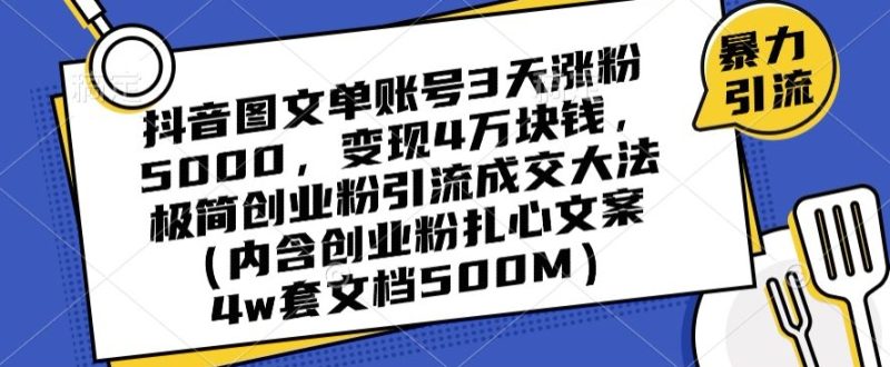 抖音图文单账号3天涨粉5000，变现4万块钱，极简创业粉引流成交大法跨境课程-外贸教程-精品网课-电商运营课库课堂