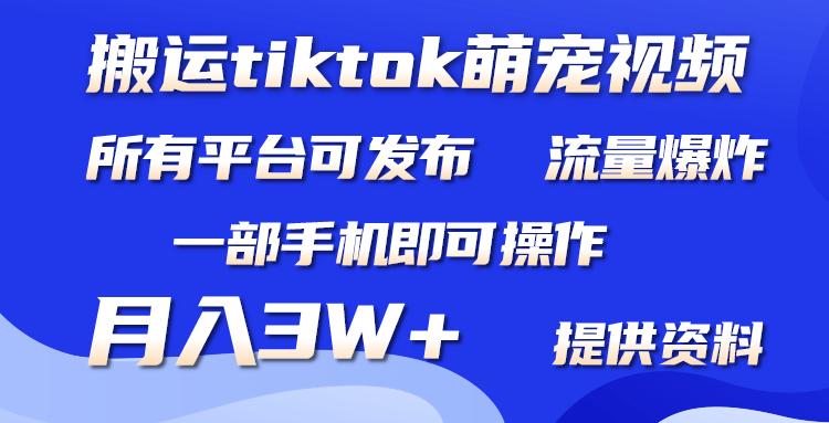 搬运Tiktok萌宠类视频，一部手机即可。所有短视频平台均可操作，月入3W+跨境课程-外贸教程-精品网课-电商运营课库课堂