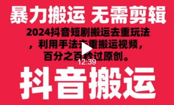 2024最新抖音搬运技术，抖音短剧视频去重，手法搬运，利用工具去重，达到秒过原创的效果跨境课程-外贸教程-精品网课-电商运营课库课堂
