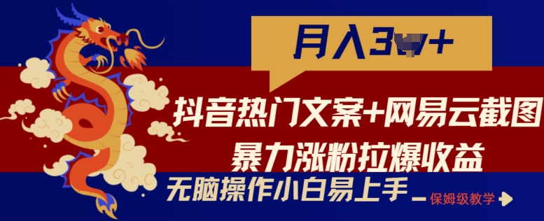 抖音热门文案+网易云截图暴力涨粉拉爆收益玩法，小白无脑操作，简单易上手跨境课程-外贸教程-精品网课-电商运营课库课堂