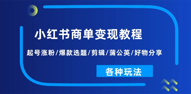 小红书商单变现教程：起号涨粉/爆款选题/剪辑/蒲公英/好物分享/各种玩法跨境课程-外贸教程-精品网课-电商运营课库课堂