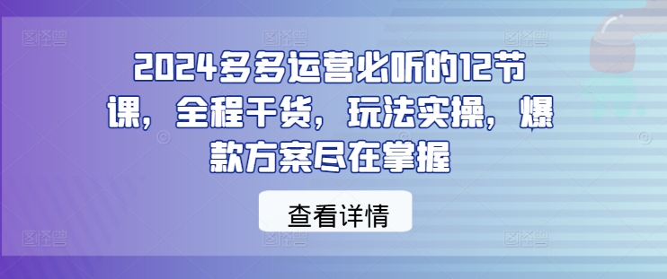 2024多多运营必听的12节课，全程干货，玩法实操，爆款方案尽在掌握跨境课程-外贸教程-精品网课-电商运营课库课堂