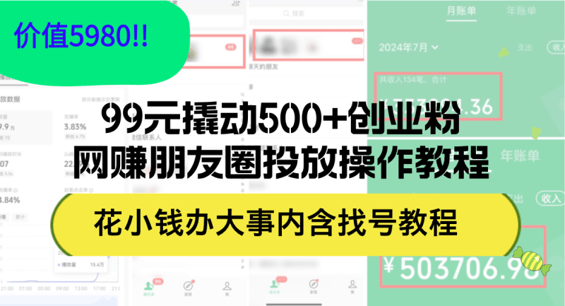 99元撬动500+创业粉,网赚朋友圈投放操作教程价值5980!花小钱办大事内…跨境课程-外贸教程-精品网课-电商运营课库课堂