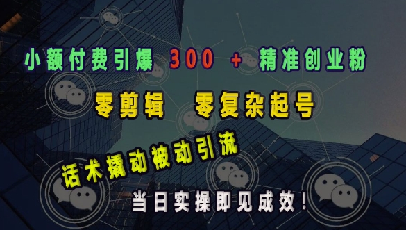 小额付费引爆 300 + 精准创业粉，零剪辑、零复杂起号，话术撬动被动引流，当日实操即见成效跨境课程-外贸教程-精品网课-电商运营课库课堂