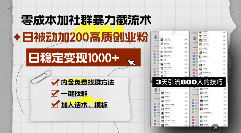 零成本加社群暴力截流术，日被动添加200+高质创业粉 ，日变现1000+，内…跨境课程-外贸教程-精品网课-电商运营课库课堂