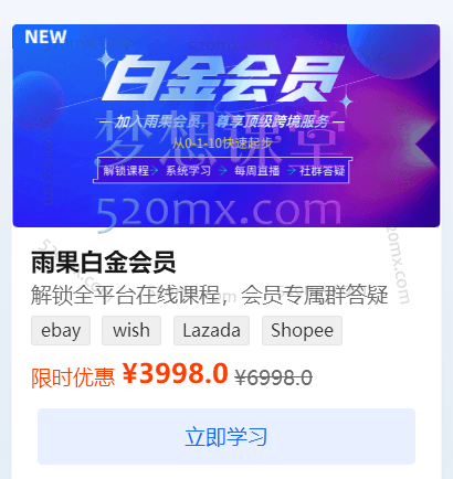 雨果跨境白金会员包括：亚马逊、阿里国际站、eBay、Google Ads、Lazada、Wish、Shopee独立站以及海外社媒等390.63G跨境课程-外贸教程-精品网课-电商运营课库课堂
