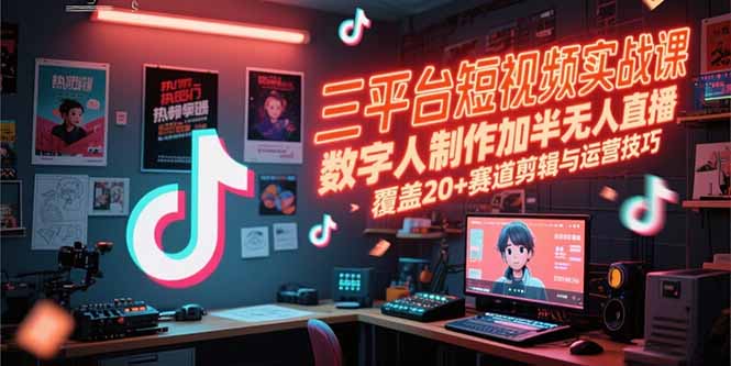 三平台短视频实战课，数字人制作加半无人直播，覆盖20+赛道剪辑与运营技巧跨境课程-外贸教程-精品网课-电商运营课库课堂