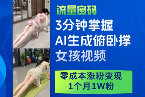 3分钟掌握AI生成俯卧撑女孩视频，零成本涨粉变现，1个月1W粉跨境课程-外贸教程-精品网课-电商运营课库课堂