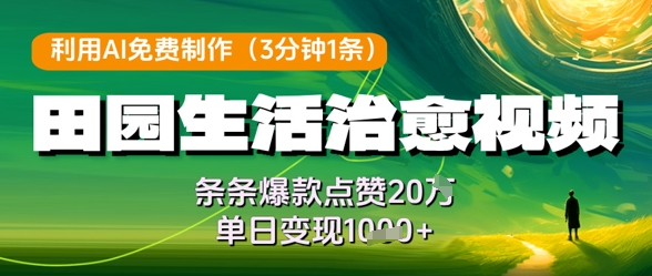 利用AI免费制作田园生活治愈视频，条条爆款点赞20W，单日变现几张跨境课程-外贸教程-精品网课-电商运营课库课堂