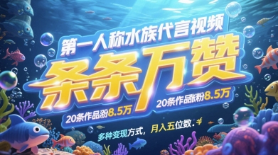 第一人称水族代言视频，条条万赞，20条作品涨粉7.8W，多种变现方式月入五位数跨境课程-外贸教程-精品网课-电商运营课库课堂