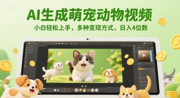 AI生成萌宠动物视频，小白轻松上手，多种变现方式，日入4位数跨境课程-外贸教程-精品网课-电商运营课库课堂