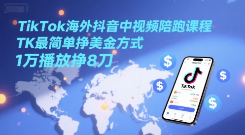TikTok海外抖音中视频陪跑课程，TK最简单挣美金方式，1万播放挣8刀跨境课程-外贸教程-精品网课-电商运营课库课堂