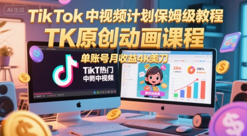 TikTok中视频计划保姆级教程，TK原创动画课程，单账号月收益4k美刀跨境课程-外贸教程-精品网课-电商运营课库课堂