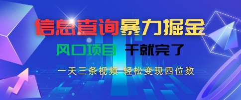信息查询暴力掘金，一天三条视频，轻松变现四位数，风口项目干就完了跨境课程-外贸教程-精品网课-电商运营课库课堂