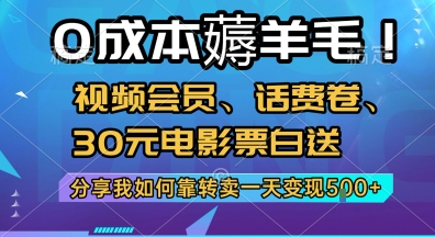 0成本薅羊毛!视频会员、话费卷、30元电影票白送，分享我如何靠转卖一天变现5张+跨境课程-外贸教程-精品网课-电商运营课库课堂