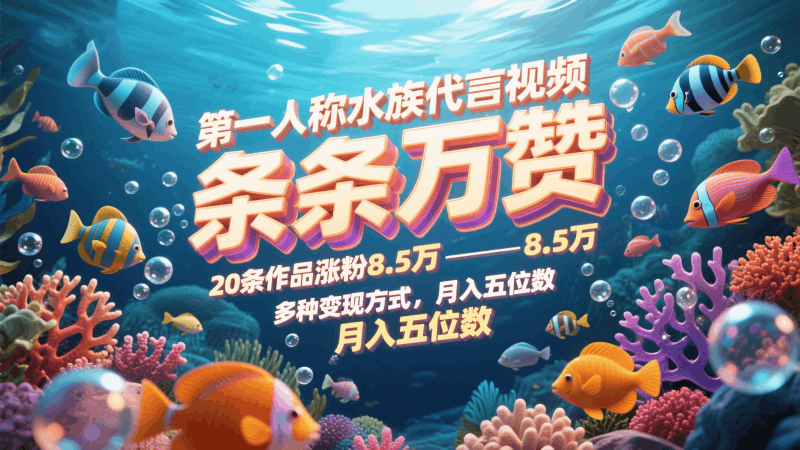 第一人称水族代言视频，条条万赞，20条作品涨粉8.5万，多种变现方式月，入五位数跨境课程-外贸教程-精品网课-电商运营课库课堂