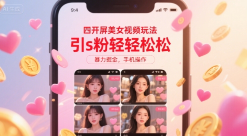 四开屏美女视频玩法，引s粉轻轻松松，暴力掘金，手机操作跨境课程-外贸教程-精品网课-电商运营课库课堂