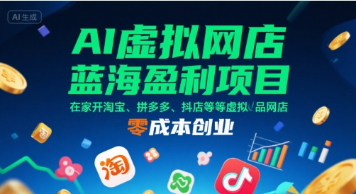 AI虚拟网店蓝海盈利项目，在家开淘宝、拼多多、抖店等虚拟品网店，零成本创业跨境课程-外贸教程-精品网课-电商运营课库课堂