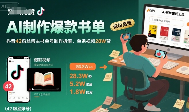 AI制作爆款书单，抖音42粉丝博主书单号制作拆解，单条视频28W赞跨境课程-外贸教程-精品网课-电商运营课库课堂