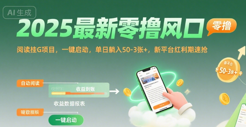 2025最新零撸风口，阅读挂G项目，一键启动，单日躺入 50-3张+，新平台红利期速抢跨境课程-外贸教程-精品网课-电商运营课库课堂