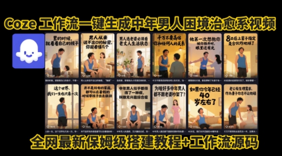 coze工作流一键生成”中年男人困境扎心高涨粉高播放量图文视频”保姆级拆解教程，无需剪辑，无需拍摄写文案跨境课程-外贸教程-精品网课-电商运营课库课堂