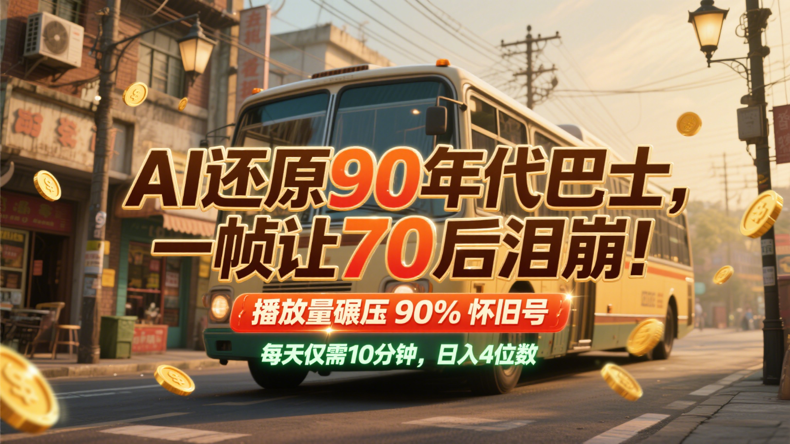AI还原90年代巴士，一帧让70后泪崩！播放量碾压90%怀旧号，每天10分钟，日入4位数跨境课程-外贸教程-精品网课-电商运营课库课堂