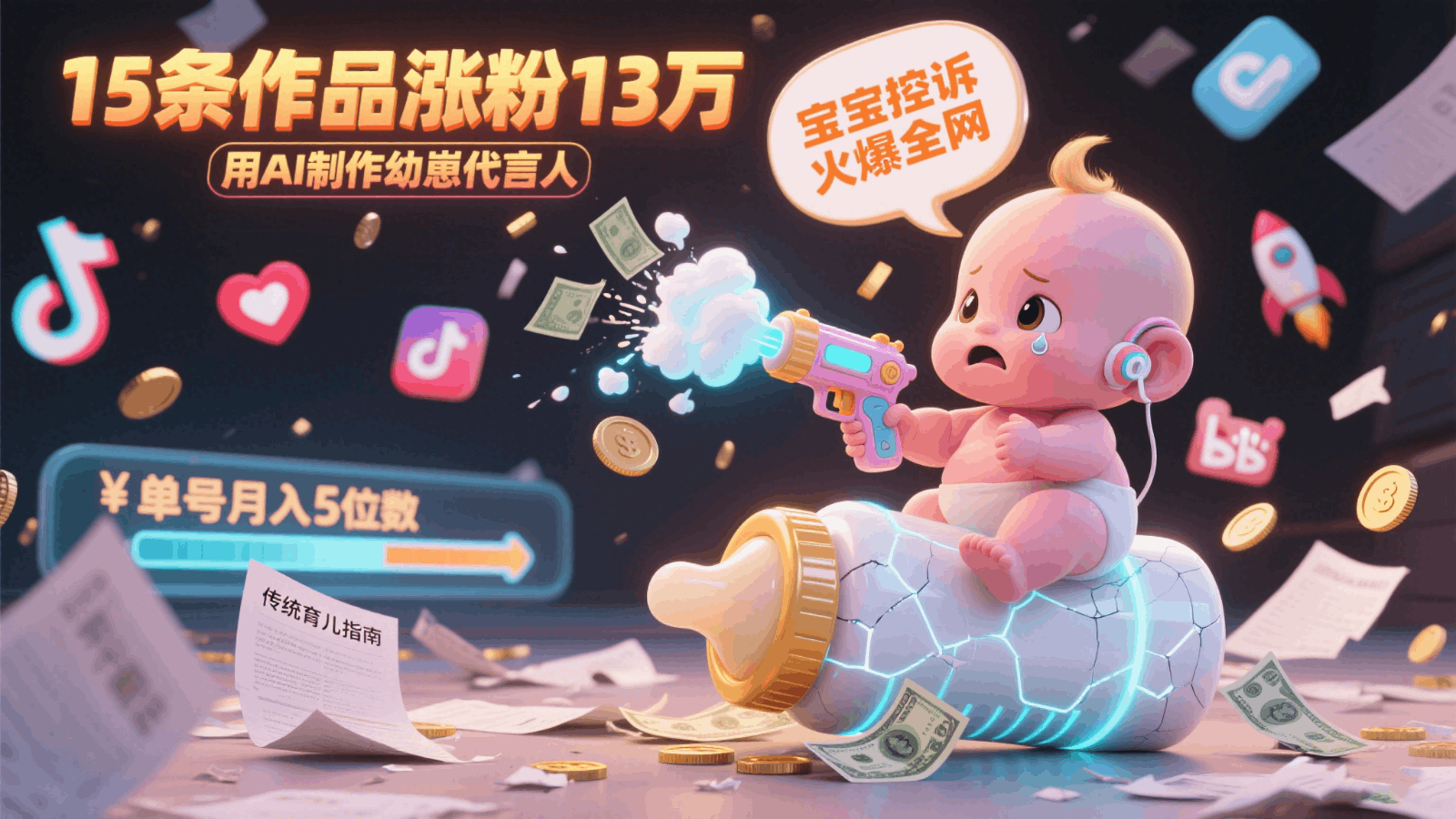 用AI制作幼崽代言人，宝宝的控诉火爆全网，15条作品涨粉13万，单号月入5位数实操教程跨境课程-外贸教程-精品网课-电商运营课库课堂