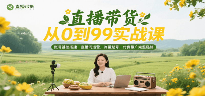 直播带货从0到99实战课，账号基础搭建，直播间运营，流量起号，付费推广完整链路跨境课程-外贸教程-精品网课-电商运营课库课堂