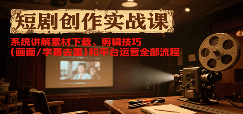 短剧创作实战课，系统讲解素材下载、剪辑技巧（画面/字幕去重）和平台运营全部流程跨境课程-外贸教程-精品网课-电商运营课库课堂