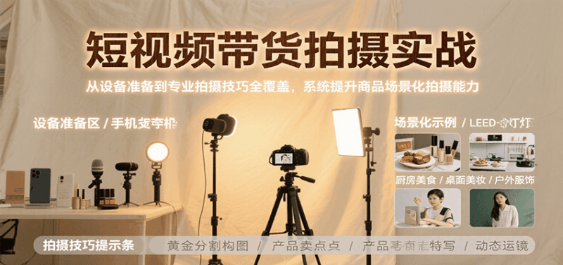 短视频带货拍摄实战,从设备准备到专业拍摄技巧全覆盖,系统提升商品场景化拍摄能力跨境课程-外贸教程-精品网课-电商运营课库课堂