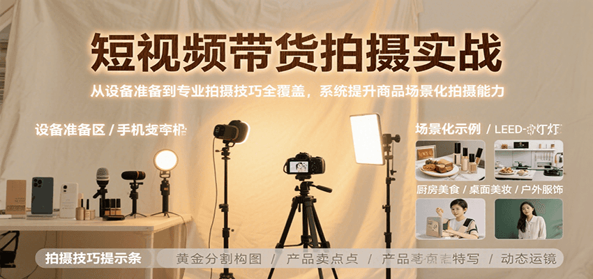 短视频带货拍摄实战，从设备准备到专业拍摄技巧全覆盖，系统提升商品场景化拍摄能力跨境课程-外贸教程-精品网课-电商运营课库课堂