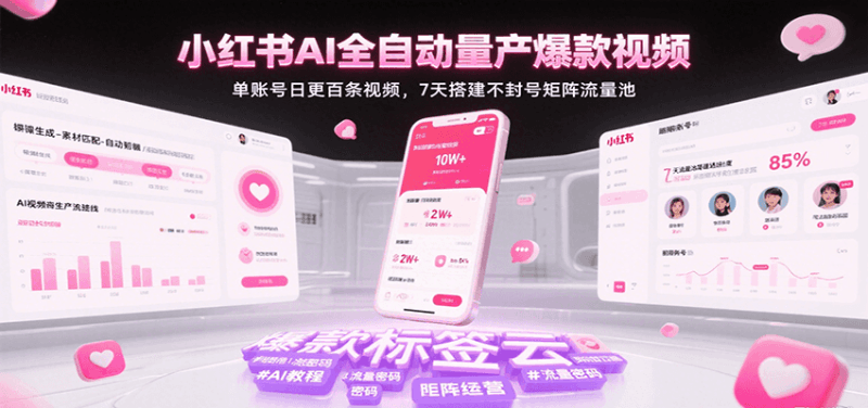 小红书AI全自动量产爆款视频，单账号日更百条视频，7天搭建不封号矩阵流量池跨境课程-外贸教程-精品网课-电商运营课库课堂