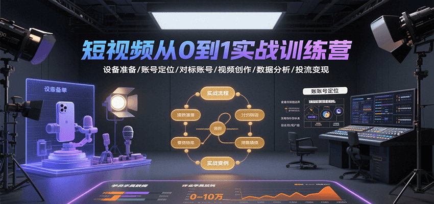 短视频从0到1实战训练营：设备准备/账号定位/对标账号/视频创作/数据分析/投流变现跨境课程-外贸教程-精品网课-电商运营课库课堂