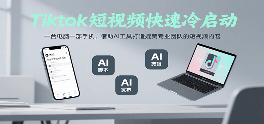 Tiktok短视频快速冷启动，一台电脑一部手机，借助AI工具打造媲美专业团队的短视频内容跨境课程-外贸教程-精品网课-电商运营课库课堂