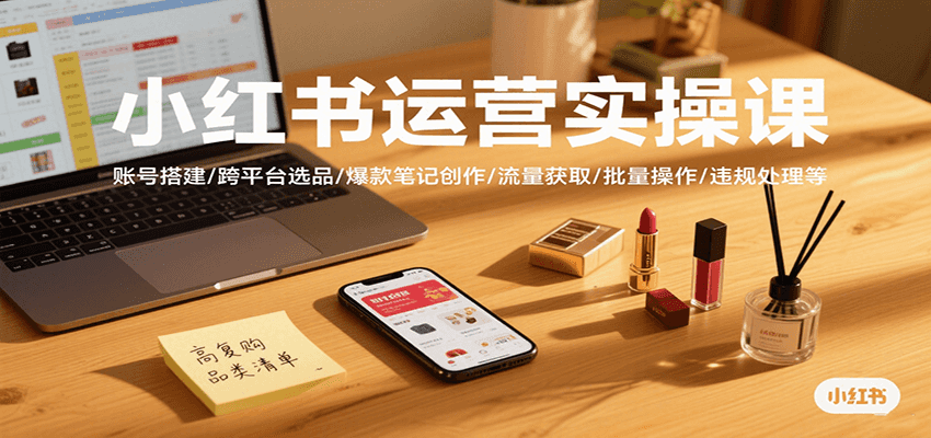 小红书运营实操课，账号搭建/跨平台选品/爆款笔记创作/流量获取/批量操作/违规处理等跨境课程-外贸教程-精品网课-电商运营课库课堂