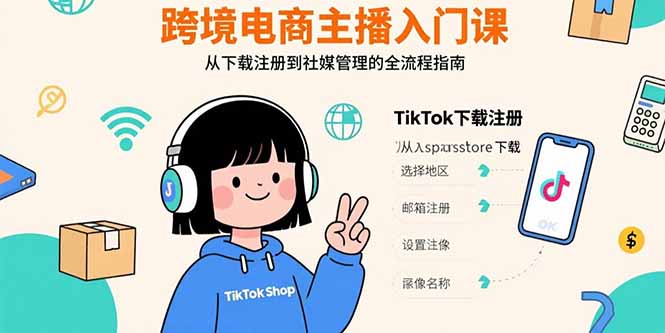 跨境电商主播入门课,TikTok下载注册,支付工具配置,社媒账号管理全流程跨境课程-外贸教程-精品网课-电商运营课库课堂