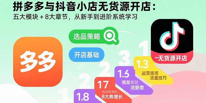 拼多多与抖音小店无货源开店:五大模块+8大章节,从新手到进阶系统学习跨境课程-外贸教程-精品网课-电商运营课库课堂