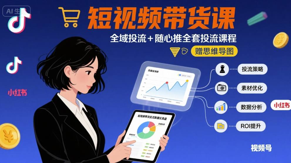 最新短视频带货课，全域投流+随心推全套投流课程+思维导图跨境课程-外贸教程-精品网课-电商运营课库课堂