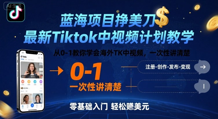 蓝海项目挣美刀,最新Tiktok中视频计划教学,从0-1教你学会海外TK中视频,一次性讲清楚跨境课程-外贸教程-精品网课-电商运营课库课堂
