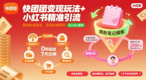 快团团变现玩法+小红书精准引流技巧,助你真正落地私域卖货,实现持续挣米跨境课程-外贸教程-精品网课-电商运营课库课堂