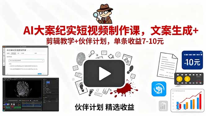 AI大案纪实短视频制作课，文案生成+剪辑教学+伙伴计划，单条收益7-10元跨境课程-外贸教程-精品网课-电商运营课库课堂