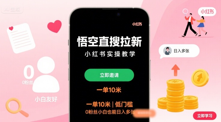 悟空直搜拉新小红书实操教学，一单10米，低门槛，0粉丝小白也能日入多张跨境课程-外贸教程-精品网课-电商运营课库课堂
