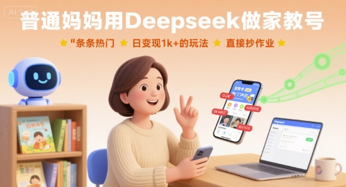 普通妈妈用Deepseek做家教号，条条热门，日变现1k+的玩法，直接抄作业跨境课程-外贸教程-精品网课-电商运营课库课堂