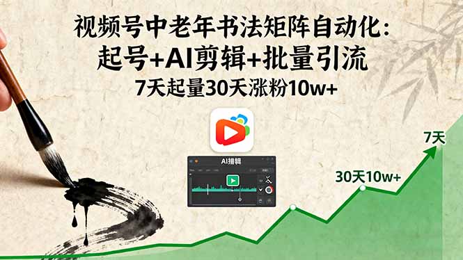视频号中老年书法矩阵自动化：起号+AI剪辑+批量引流 7天起量30天涨粉10w+跨境课程-外贸教程-精品网课-电商运营课库课堂