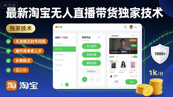 最新淘宝无人直播带货独家技术，无违规无封号风险，操作简单易上手，长期稳定日入1k跨境课程-外贸教程-精品网课-电商运营课库课堂