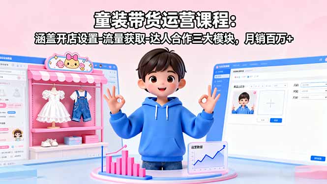 童装带货运营课程：涵盖开店设置-流量获取-达人合作三大模块，月销百万+跨境课程-外贸教程-精品网课-电商运营课库课堂