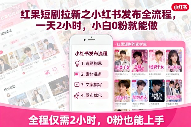 红果短剧拉新之小红书发布全流程，一天2小时，小白0粉就能做跨境课程-外贸教程-精品网课-电商运营课库课堂
