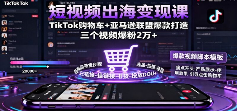 短视频出海变现课：TikTok购物车+亚马逊联盟爆款打造，三个视频爆粉2万+跨境课程-外贸教程-精品网课-电商运营课库课堂
