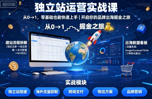 独立站运营实战课，​从0到1，零基础也能快速上手，开启你的品牌出海掘金之旅跨境课程-外贸教程-精品网课-电商运营课库课堂