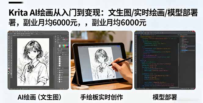 Krita AI绘画从入门到变现：文生图/实时绘画/模型部署，副业月均6000元跨境课程-外贸教程-精品网课-电商运营课库课堂